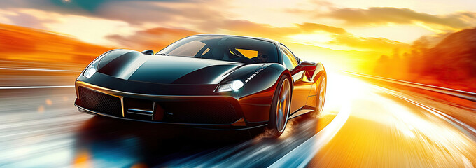 Fototapeta premium A sleek black sports car speeds down a winding road during sunset, capturing the thrill of automotive performance and design