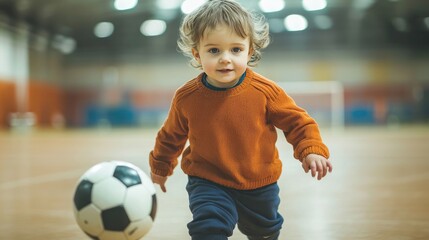 A young boy in an orange sweater plays with a soccer ball. This image could be used for advertising youth sports or products related to childhood activities.
