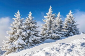 Winter wonderland with -covered fir trees clear blue sky