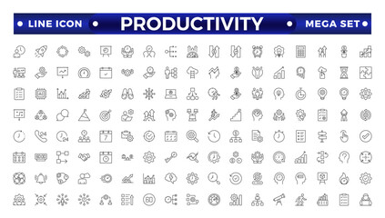 Productivity outline icon set. Containing efficiency, task, focus, multitasking, workflow, growth, routine, project management, automation and productive. Vector outline symbol collection.