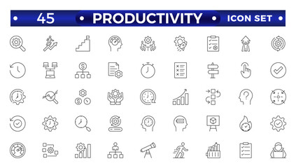 Productivity outline icon set. Containing efficiency, task, focus, multitasking, workflow, growth, routine, project management, automation and productive. Vector outline symbol collection.