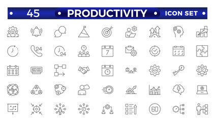 Productivity outline icon set. Containing efficiency, task, focus, multitasking, workflow, growth, routine, project management, automation and productive. Vector outline symbol collection.