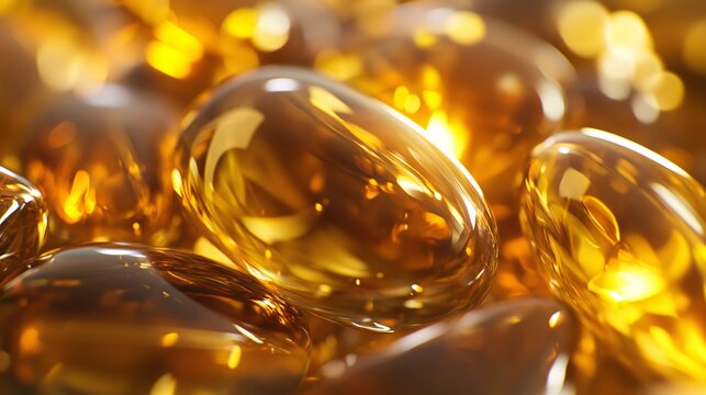 2410 59.Multiple softgels in varying shades of gold and yellow, captured in extreme close-up, their glossy surfaces and translucent nature glowing softly under focused lighting.