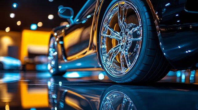 2410 21.Shiny sports car on a polished showroom floor, with sleek chrome wheels reflecting the vibrant lighting, showcasing an intricate wheel design and perfectly aligned tires in a high-end auto