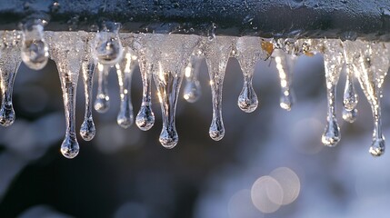 2410 74.A steady stream of water dripping from the roof, each droplet captured mid-fall with fine detail, creating a cascading effect with reflections and motion frozen in time.