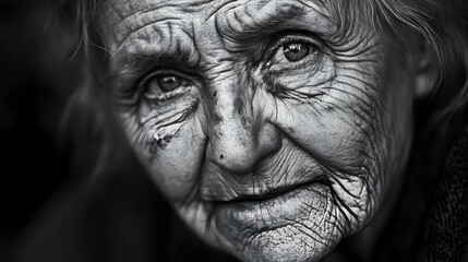 Old woman with wrinkles on her wise face -