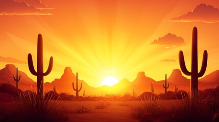 Desert sunset with silhouettes of cacti and vibrant orange sky, serene nature scene.