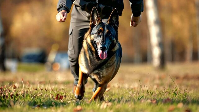 Police service dog runs in the park after being commanded to attack. A dog handler trains a Belgian Shepherd dog to catch criminals.