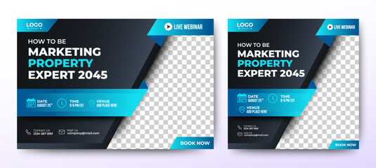 Marketing Properties Expert live webinar banner invitation and social media post template. Business webinar invitation design
