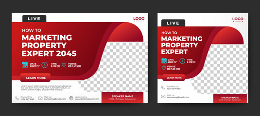 Marketing Properties Expert live webinar banner invitation and social media post template. Business webinar invitation design
