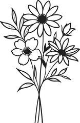 Bouquet of Flowers Line Art Vector Drawing. Linear Drawing of Simple Floral Contour Art. Flowers with Leaves Branch Black Sketch Illustration on White Background