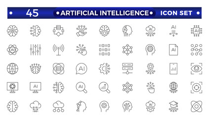 Artificial intelligence set of outline web icons. AI technology icons for web and mobile app. Machine learning, digital AI technology, algorithm, smart robotic, cloud computing, AI Assistant.