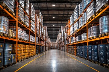 Large distribution warehouse interior with high racks full of goods