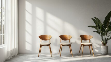A stylish dining area featuring a set of wooden chairs with plush upholstery, set against a bright white backdrop, highlighting their design and comfort.