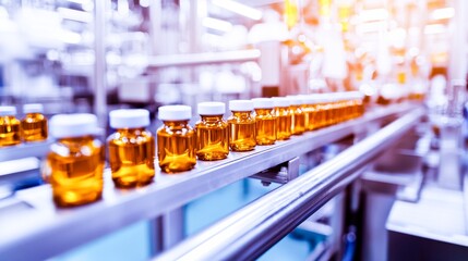 Medical vials on the production line in a pharmaceutical factory - A symbol of an efficient manufacturing process ensuring the safety and quality of pharmaceutical products.