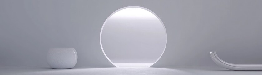 A minimalist interior featuring a circular light and sleek furniture.