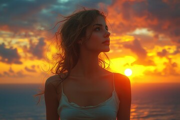 Obraz premium A Woman Gazing at the Setting Sun with Windblown Hair