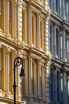 Typical late 19th century building facades in SoHo, the Cast Iron Historic District with distinct architecture. Lower Manhattan, New York City