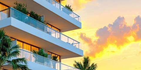 Modern Condo Building with Sunset Sky and Palm Tree