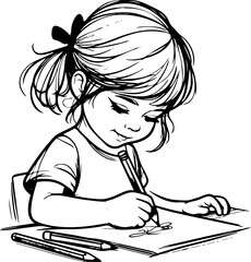 A preschool girl old sits at a table and draws. Children creativity concept. Pen and Ink Drawing, black and white vector cartoon illustration