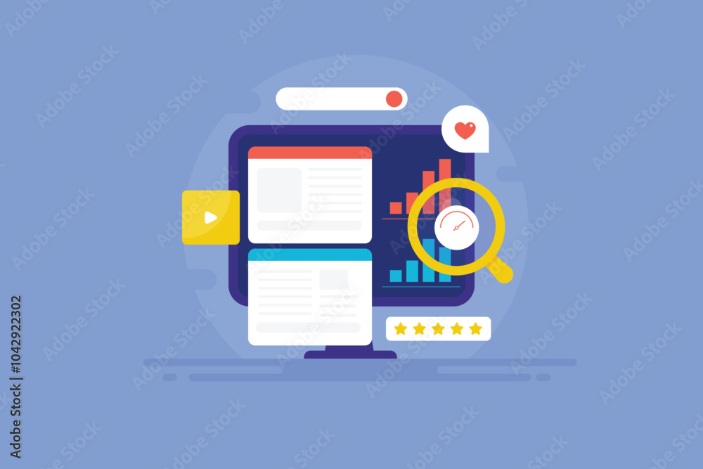 Wall mural search engine optimization, website analytics graph on pc screen, loading time and engaging content 