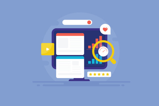 Search Engine Optimization, website analytics graph on pc screen, loading time and engaging content for user search, internet technology vector illustration.