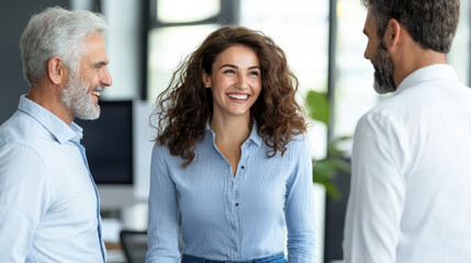Fototapeta premium diverse group of businesspeople engaging in friendly conversation, showcasing collaboration and positive interactions in modern office environment