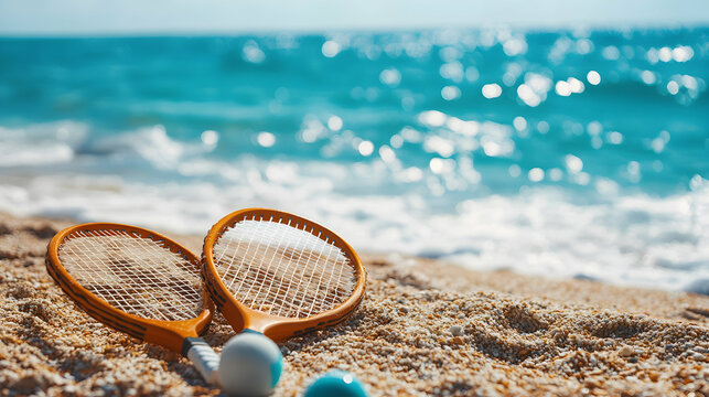 Summer enjoyment with beach rackets by the sea -