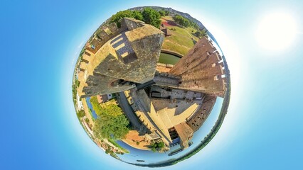 aerial view 360 degree tiny planet effect of Smederevo fortress on the Danube in Serbia, offering a panoramic vista of a Smederevo. A national Monument of Culture of Exceptional Importance in Serbia.
