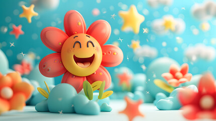 Obraz premium Colorful, cartoonish scene with a smiling flower, colorful, playful shapes and elements and stars