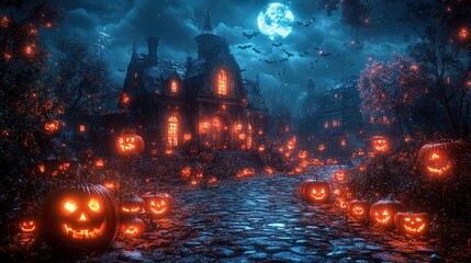 Fototapeta premium Spooky Halloween night with a haunted house, glowing jack-o'-lanterns lining a cobblestone path, and bats flying across the moonlit sky.