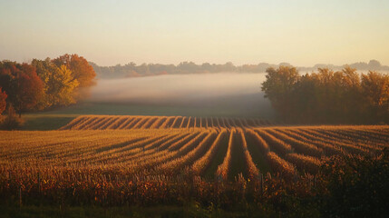 Fototapeta premium A serene morning fog enveloping the harvest fields, creating a mystical atmosphere for the season.