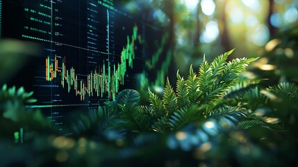 16 Green stock market chart with fresh leaves, sustainable investment document, 3D illustration