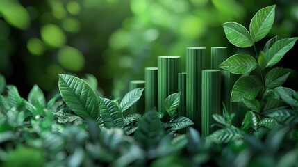 38 Financial charts on green data, fresh leaves scattered, sustainable business, 3D illustration