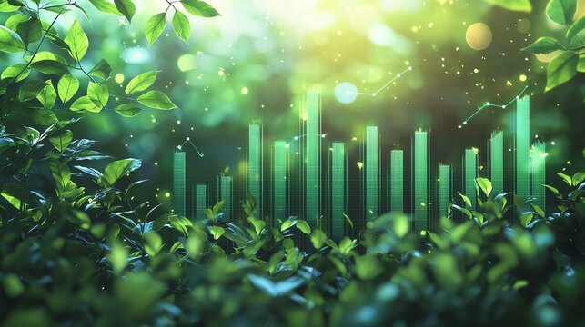 35 Green data chart with fresh leaves framing, sustainable finance report, 3D illustration