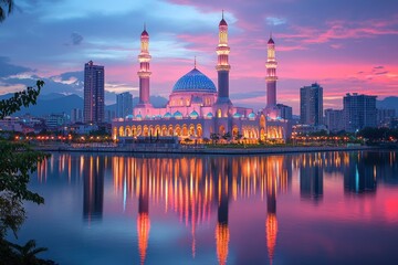 Naklejka premium Illuminated Mosque Reflecting in a Still Lake at Sunset