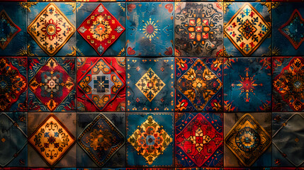 Fototapeta premium Arabic bold and vibrant patterns of traditional textiles on wall, let your imagination run wild as you envision a digital world where East meets West