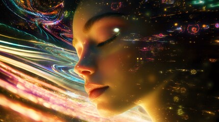 Luminous eyes closed in deep dreaming as light trails extend outward forming a surreal landscape