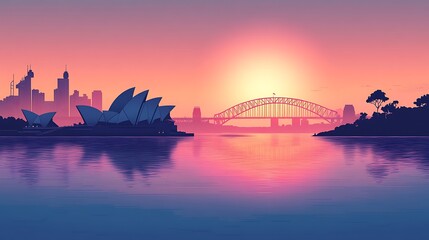 Minimalist flat illustration of Sydney's silhouette, including the Opera House and Harbour Bridge, with a soft ocean gradient transitioning from blue to pink, clean lines, simple shapes,