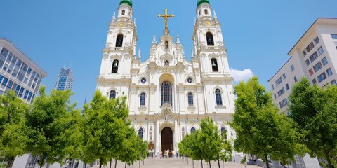 Obraz premium Majestic Cathedral Facade with Green Trees and Blue Sky