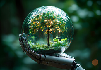 Earth crystal glass globe ball and tree in robot hand saving the environment, save a clean planet, ecology concept. technology science of environment concept for the development of sustainability