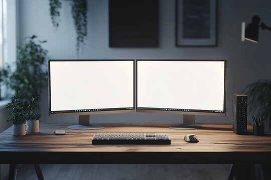 Two computers with white screen on home office desk suitable for mockups and presentations with plenty of copy space for your designs