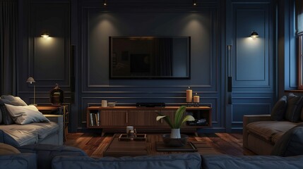 Fototapeta premium Cozy modern living room illuminated by soft lighting in the evening