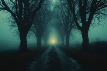 Obraz premium A Misty Path Through a Line of Bare Trees Leading to a Light Source