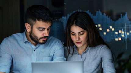 Two diverse business people working together on laptop, analyzing data and collaborating in modern office environment. Their focused expressions reflect teamwork and innovation