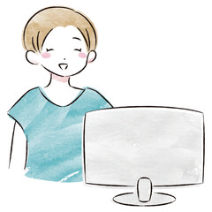 パソコンを操作するおしゃれな女性の水彩画ベクターイラスト