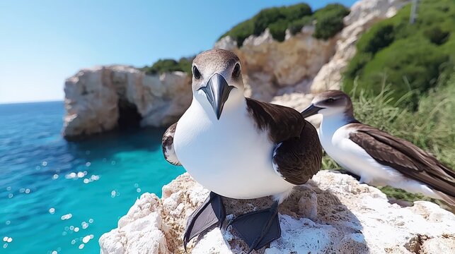 Razorbills Perched on Cliff Edge  Coastal Landscape  Seabirds   Ocean View