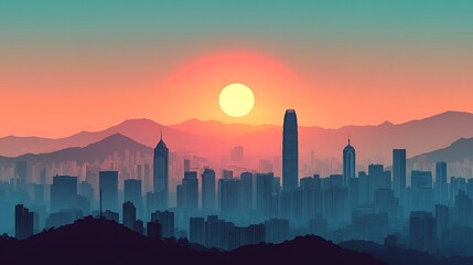 Fototapeta premium Minimalist Hong Kong skyline, featuring Victoria Peak and the city’s iconic skyscrapers in silhouette, with a soft gradient depicting dawn or dusk, flat illustration, clean lines, muted colors,