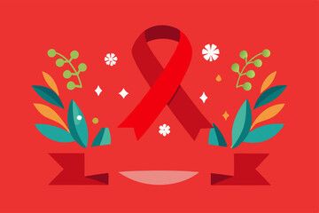 World aids day symbol with red ribbon and decorative floral elements for health awareness design