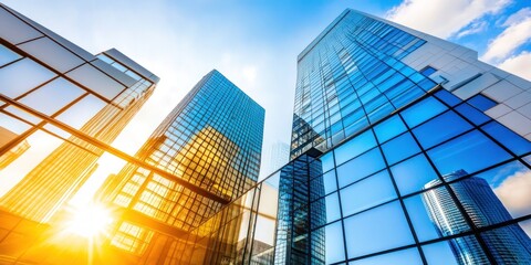 Modern skyscrapers reflecting sunlight in an urban setting.